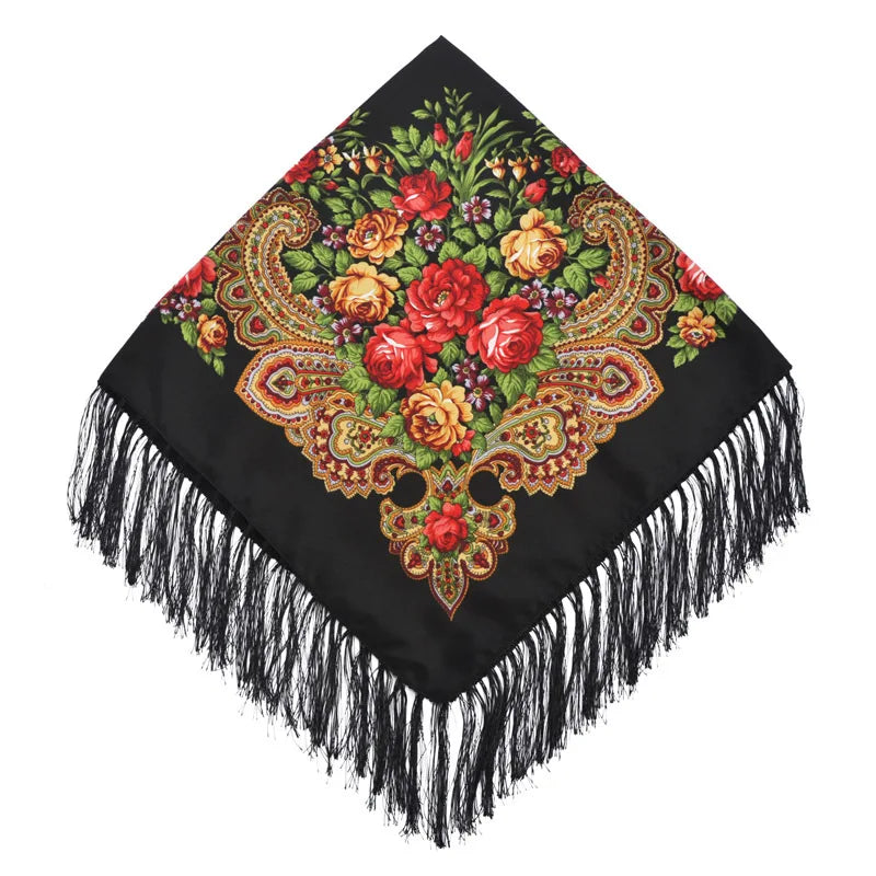 Women's Retro Floral Print Fringed Square Scarf 90x90cm