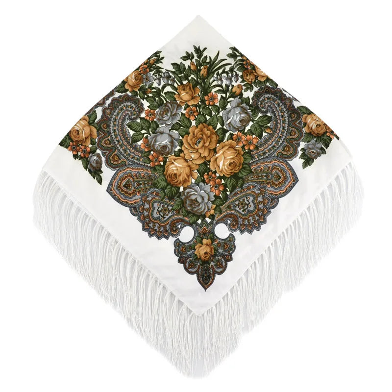 Women's Retro Floral Print Fringed Square Scarf 90x90cm