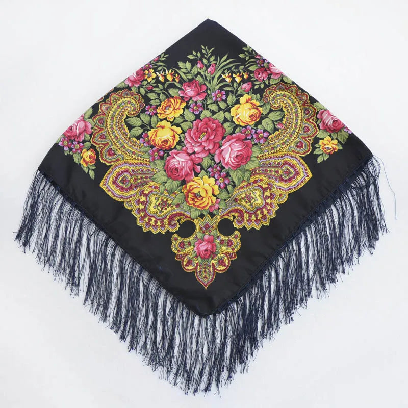 Women's Retro Floral Print Fringed Square Scarf 90x90cm