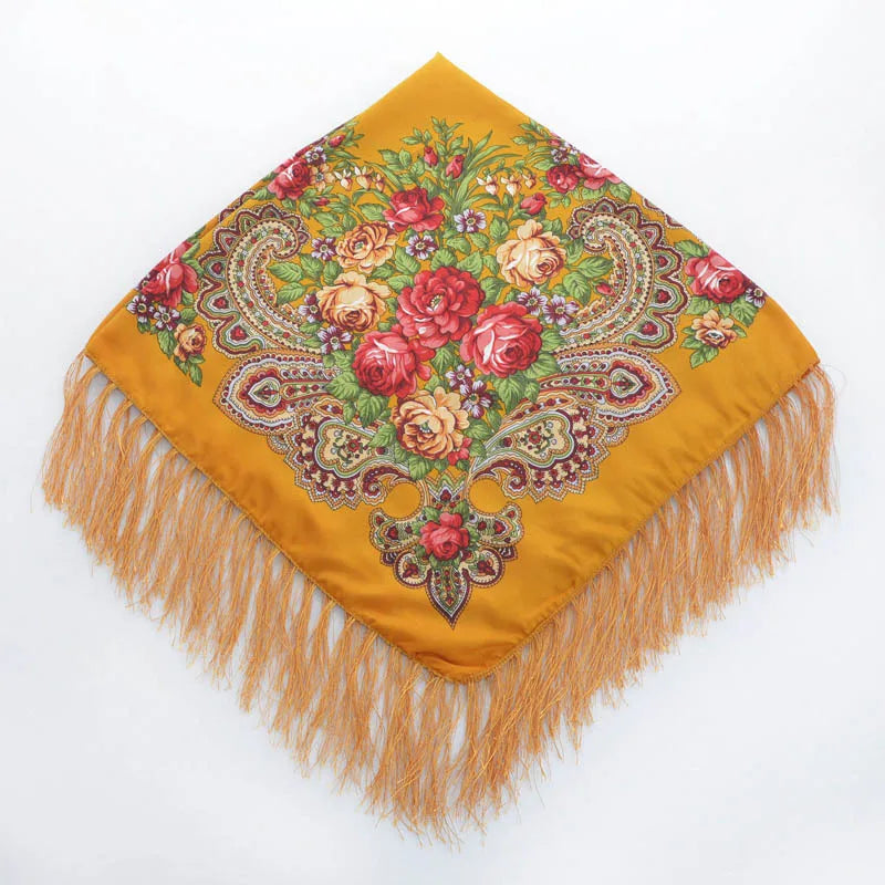 Women's Retro Floral Print Fringed Square Scarf 90x90cm