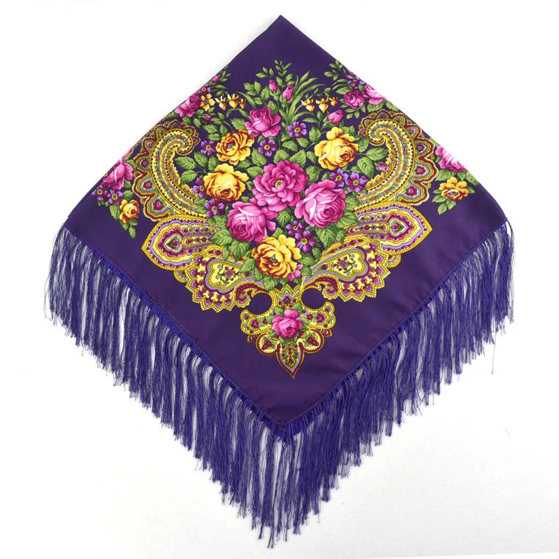 Women's Retro Floral Print Fringed Square Scarf 90x90cm