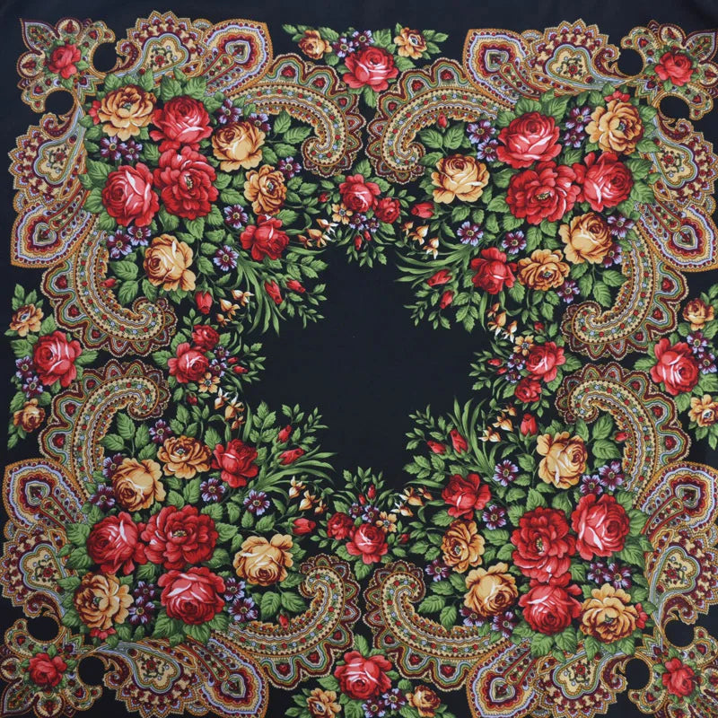 Women's Retro Floral Print Fringed Square Scarf 90x90cm