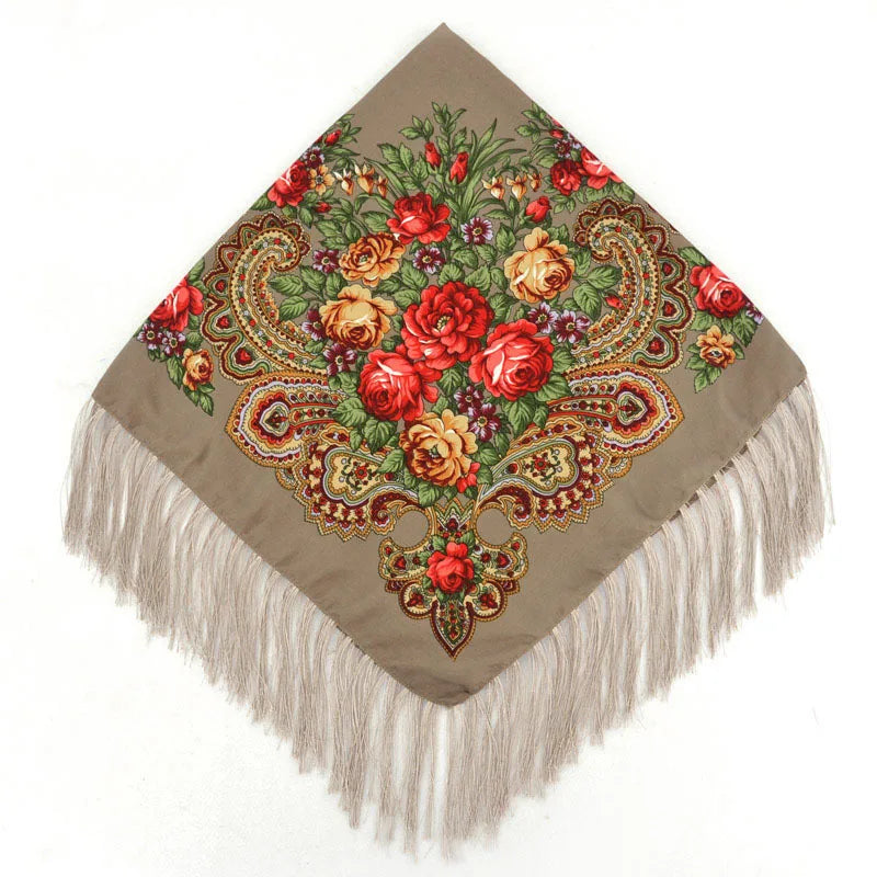 Women's Retro Floral Print Fringed Square Scarf 90x90cm