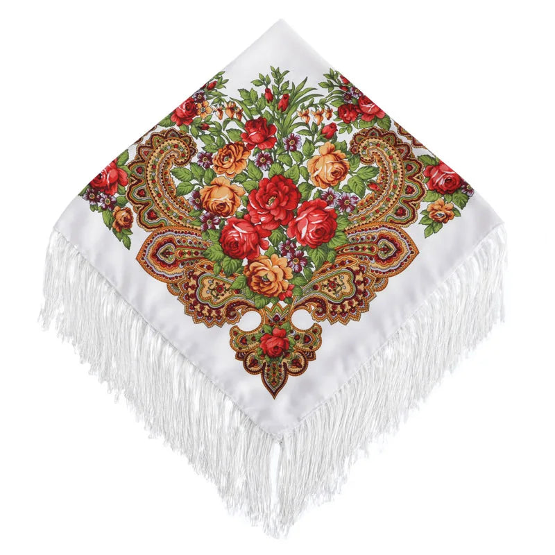 Women's Retro Floral Print Fringed Square Scarf 90x90cm