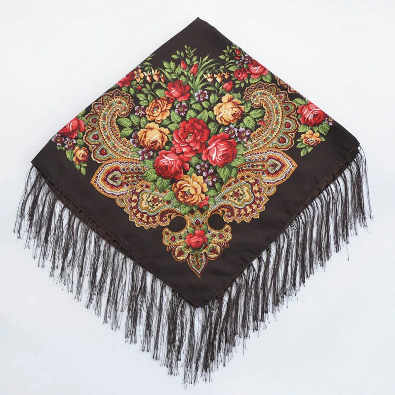 Women's Retro Floral Print Fringed Square Scarf 90x90cm