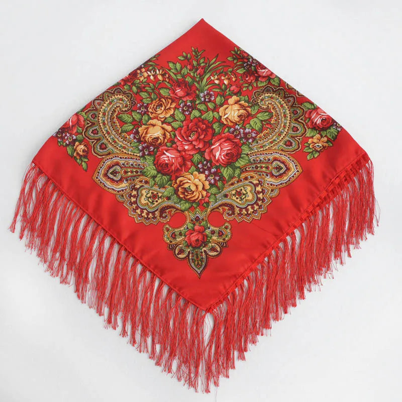 Women's Retro Floral Print Fringed Square Scarf 90x90cm