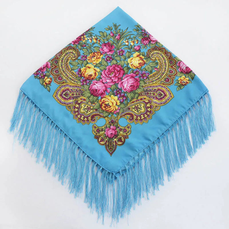 Women's Retro Floral Print Fringed Square Scarf 90x90cm