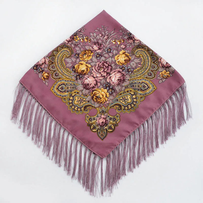 Women's Retro Floral Print Fringed Square Scarf 90x90cm