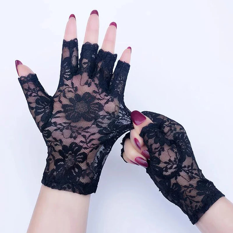 Women's Short Floral Lace Half Finger Sun Protection Gloves