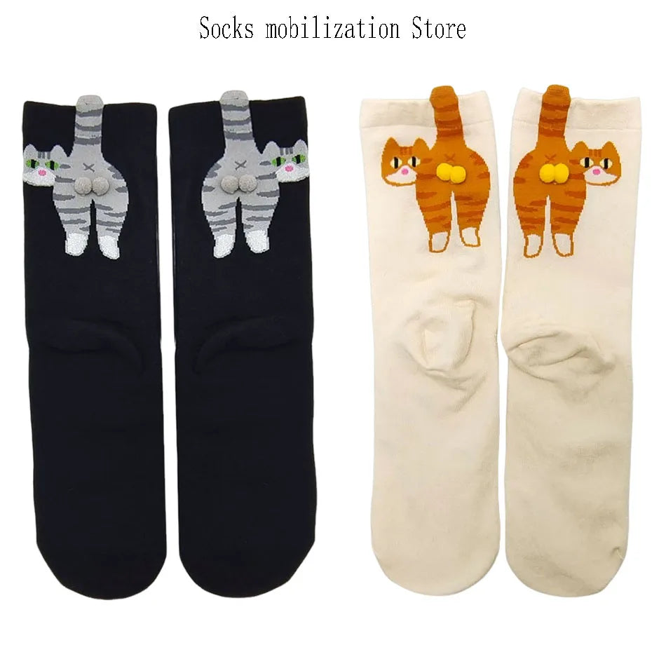 Women's Cartoon Cat Breathable Cotton Mid Socks