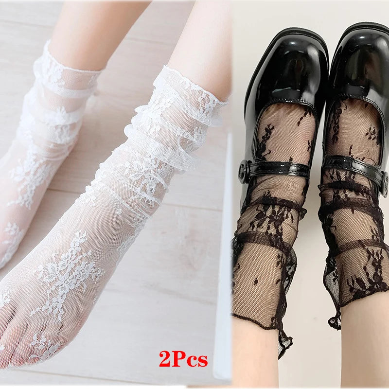 Women's Transparent Floral Lace Fishnet Thin Mid Socks