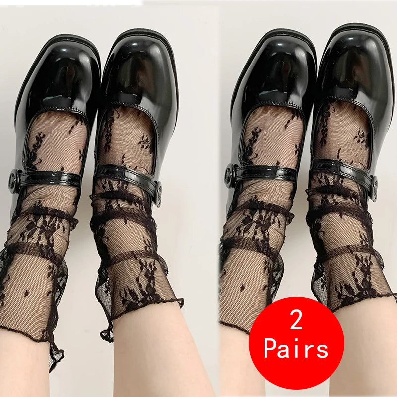 Women's Transparent Floral Lace Fishnet Thin Mid Socks