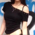 Women's Solid Tight Fit Slanted Shoulder Short Sleeve T-Shirt