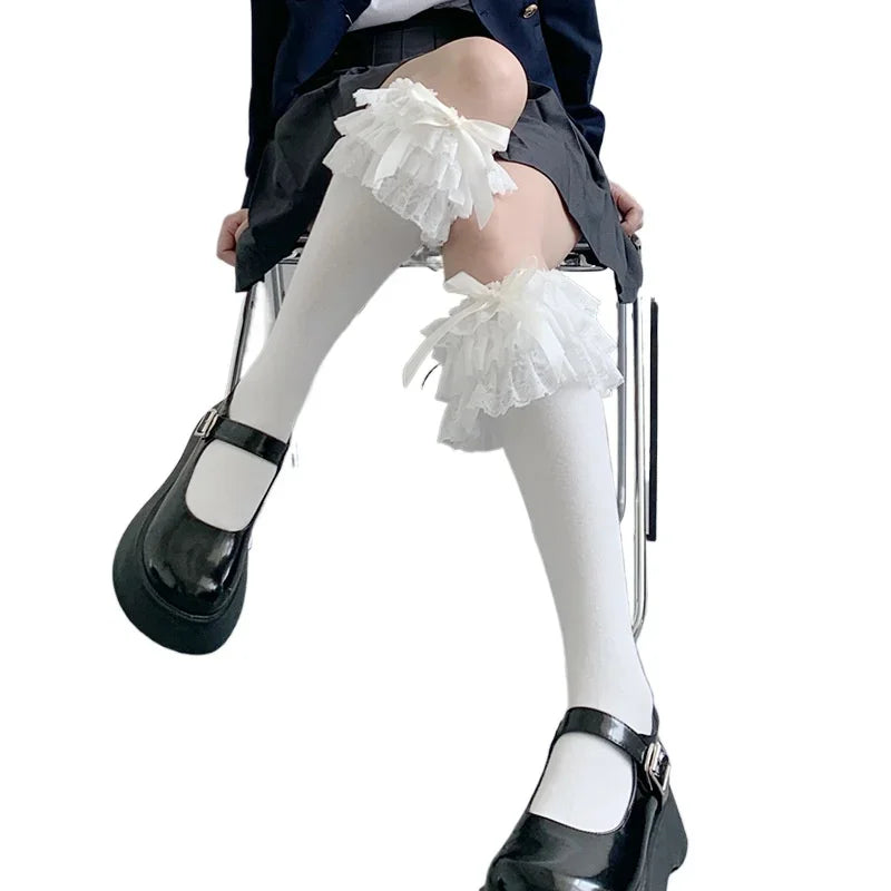 Women's Fashion Cute Lace Bow Knot Knee High Socks