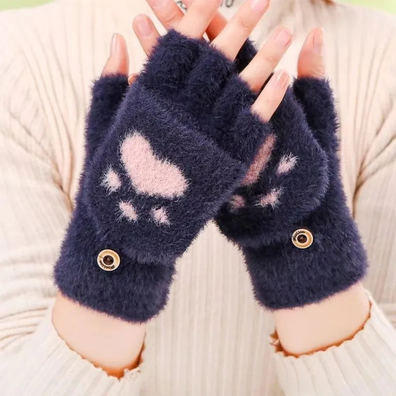 Women's Fashion Cat Paw Plush Fingerless Winter Gloves