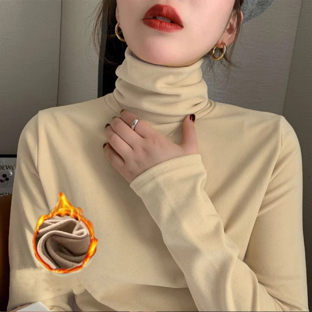 Women's Solid Slim Fit High Neck Long Sleeve Thermal Top