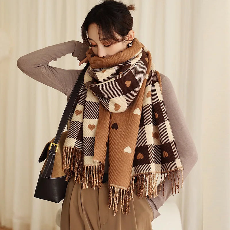 Women's Winter Thick Heart Plaid Blanket Shawl Scarf