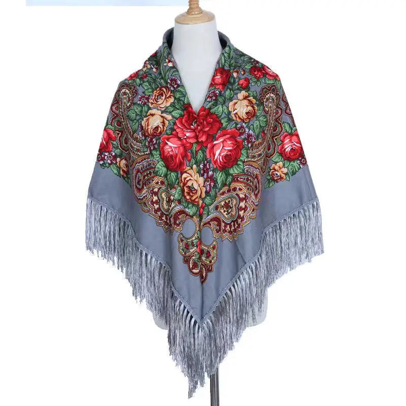 Women's Retro Floral Print Fringed Square Scarf 90x90cm