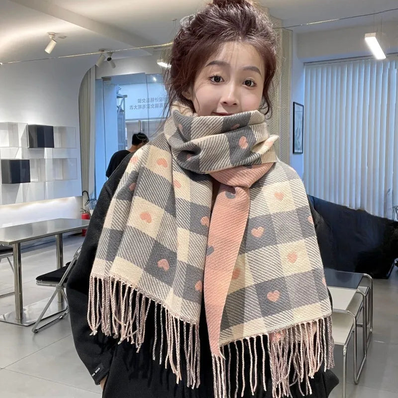 Women's Winter Thick Heart Plaid Blanket Shawl Scarf