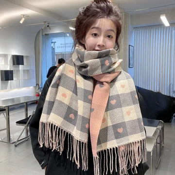 Women's Winter Thick Heart Plaid Blanket Shawl Scarf