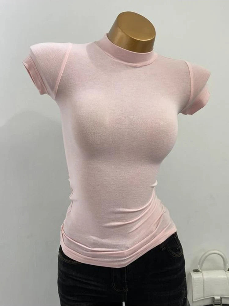 Women's Fashion Slim Fit Mock Neck Short Sleeve T-Shirt
