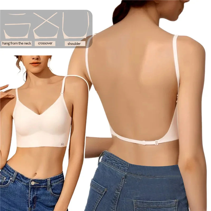 Women's Deep U Plunge Seamless Push Up Backless Bra