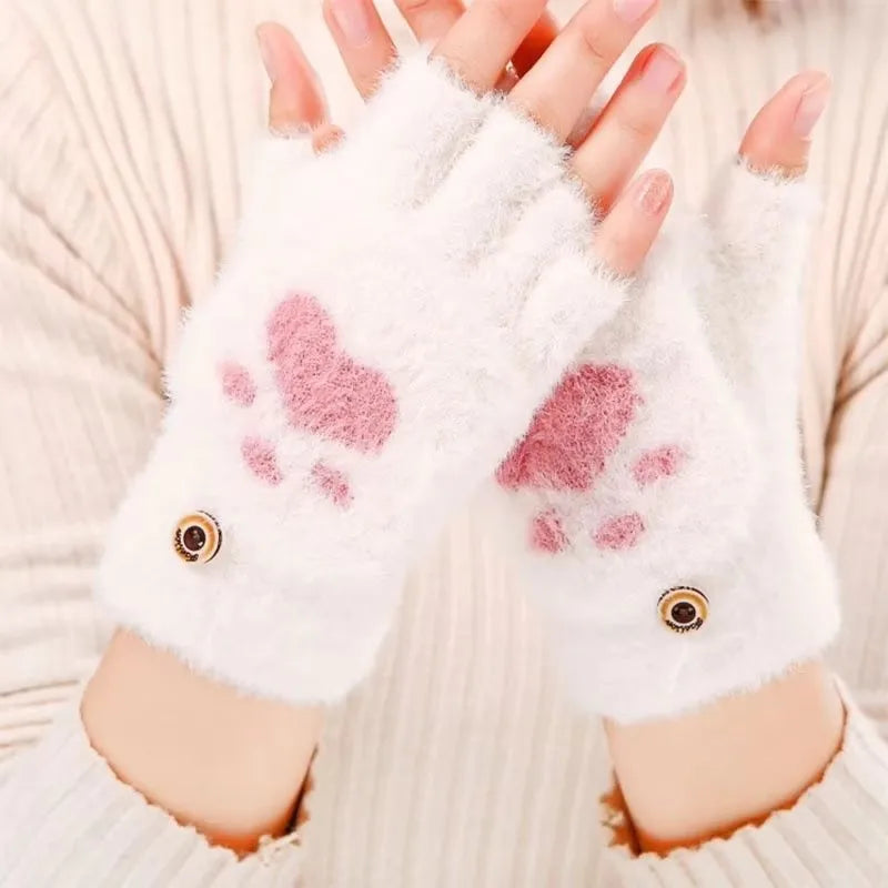 Women's Fashion Cat Paw Plush Fingerless Winter Gloves