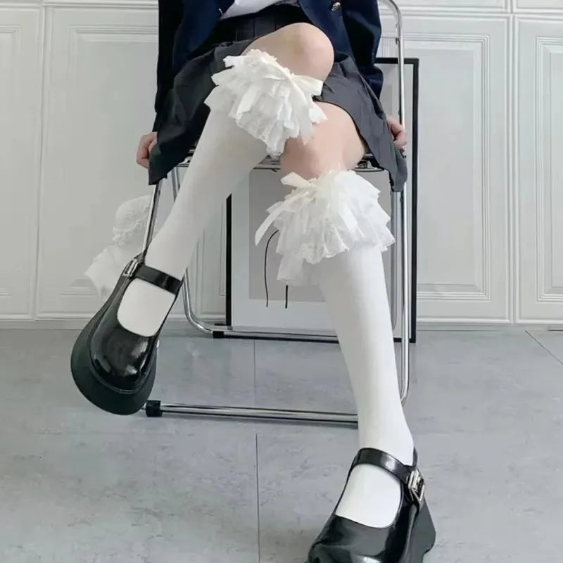 Women's Fashion Cute Lace Bow Knot Knee High Socks