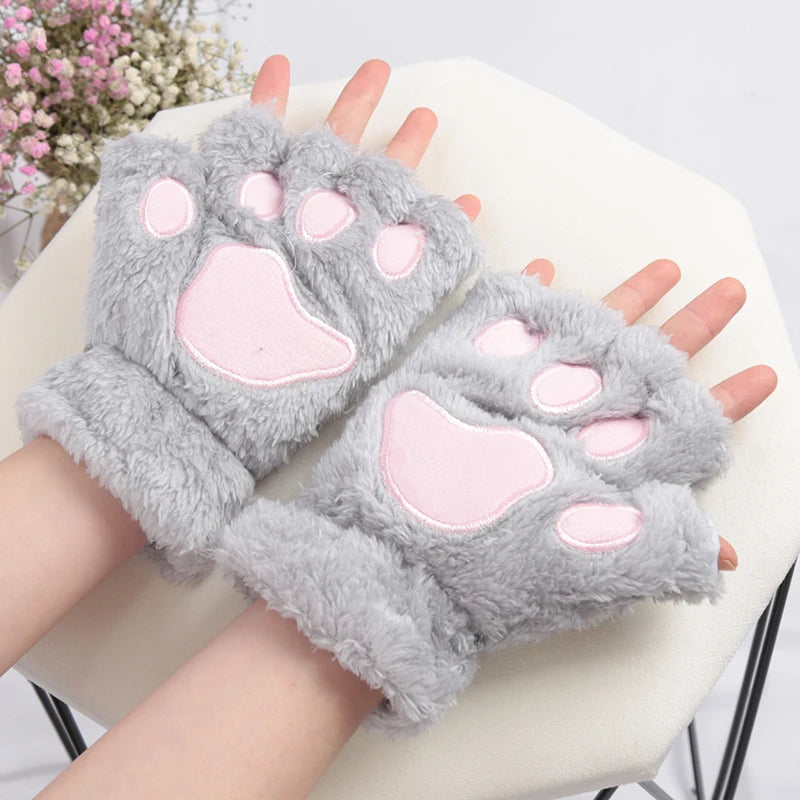 Women's Cartoon Cat Claw Plush Fingerless Winter Mittens