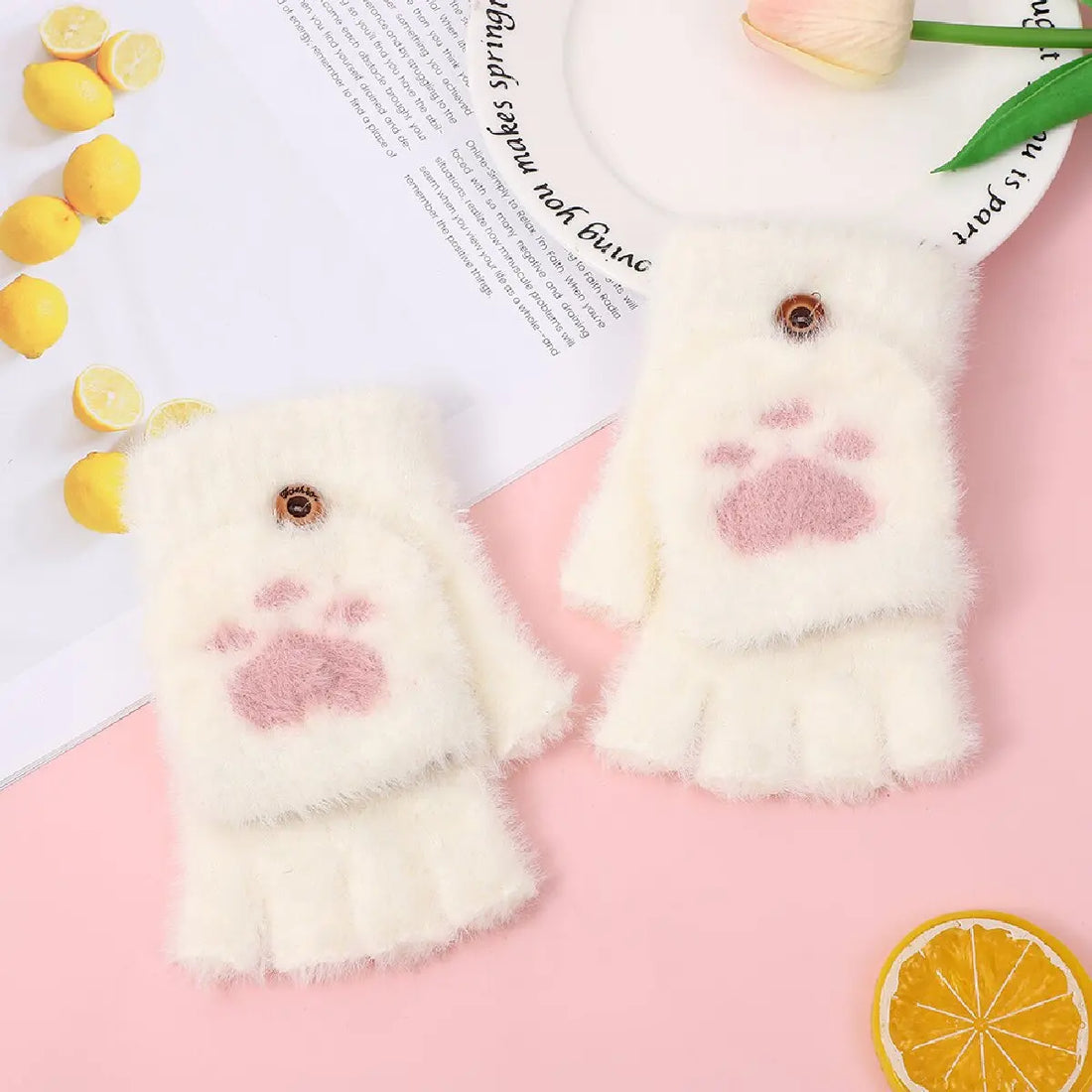 Women's Fashion Cat Paw Plush Fingerless Winter Gloves