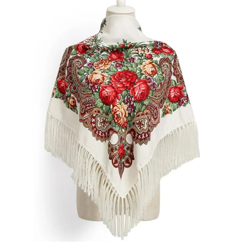 Women's Retro Floral Print Fringed Square Scarf 90x90cm