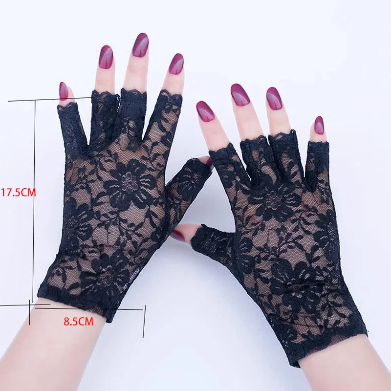 Women's Short Floral Lace Half Finger Sun Protection Gloves