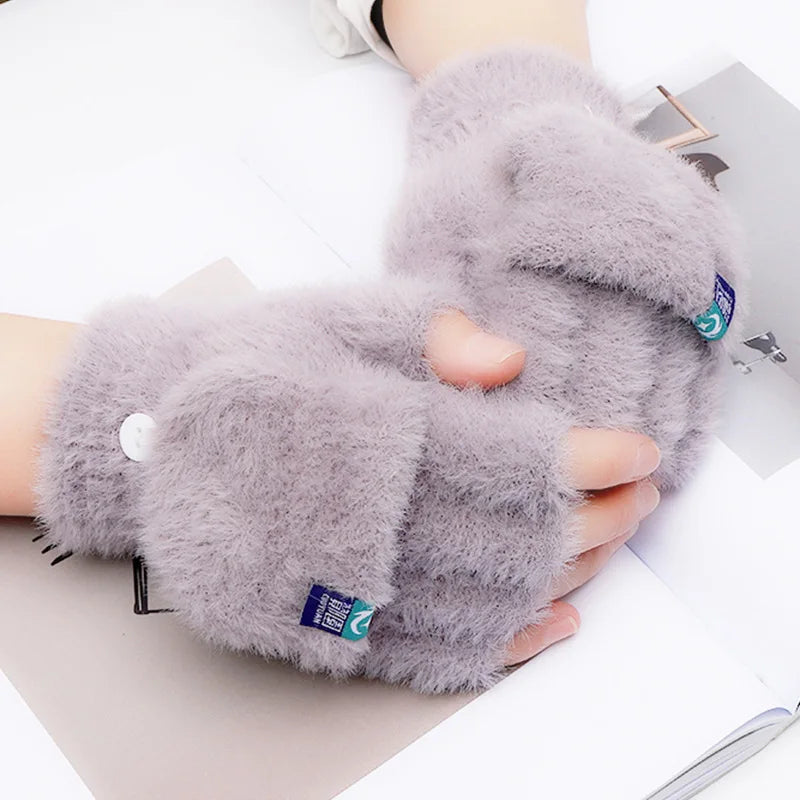 Women's Fashion Plush Warm Knit Flip Fingerless Gloves