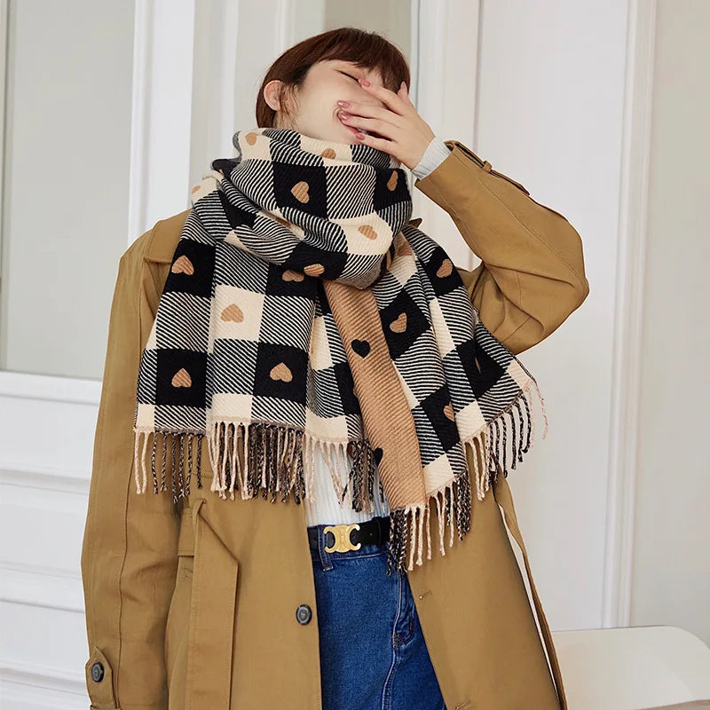 Women's Winter Thick Heart Plaid Blanket Shawl Scarf
