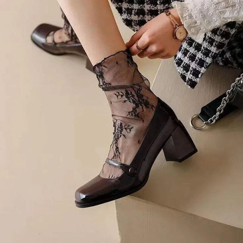 Women's Transparent Floral Lace Fishnet Thin Mid Socks