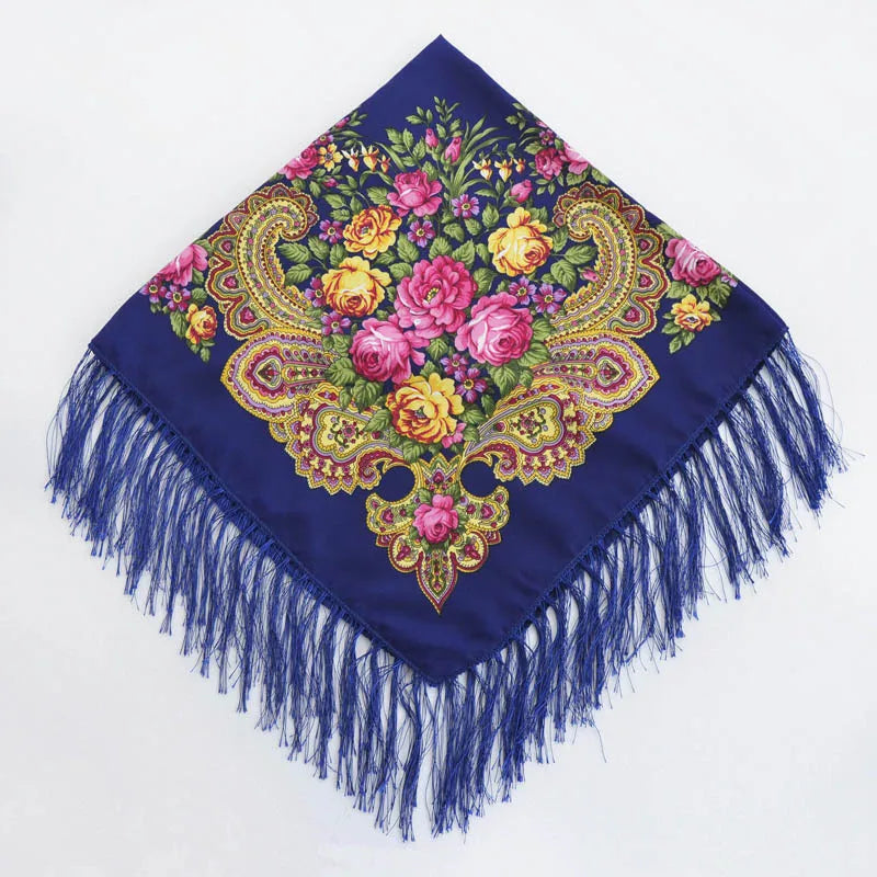 Women's Retro Floral Print Fringed Square Scarf 90x90cm