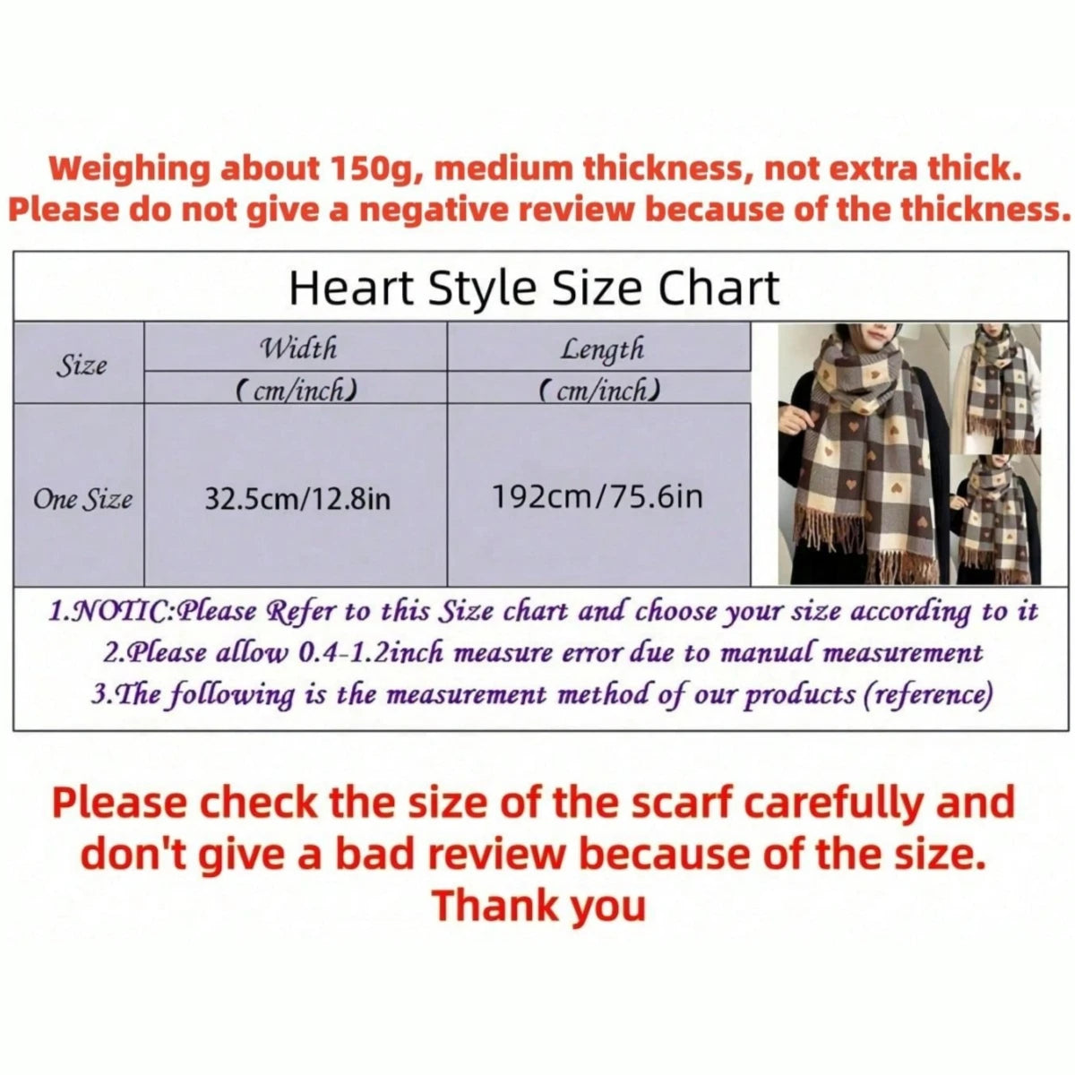 Women's Winter Thick Heart Plaid Blanket Shawl Scarf