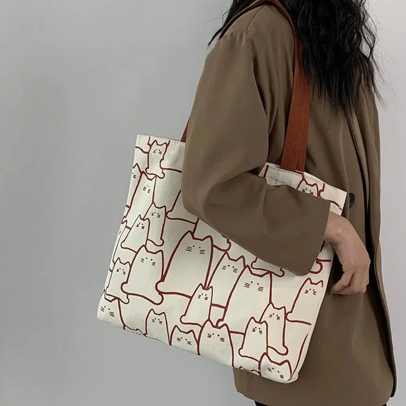 Women's Cute Cat Canvas Shoulder Tote Bag