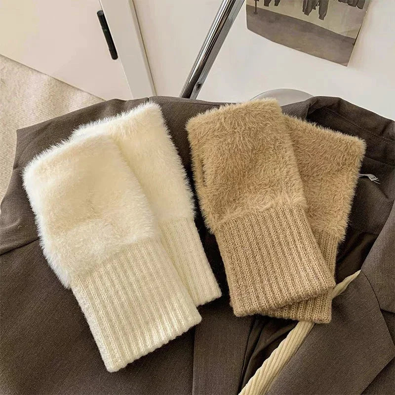 Women's Soft Plush Knitted Half Finger Winter Gloves