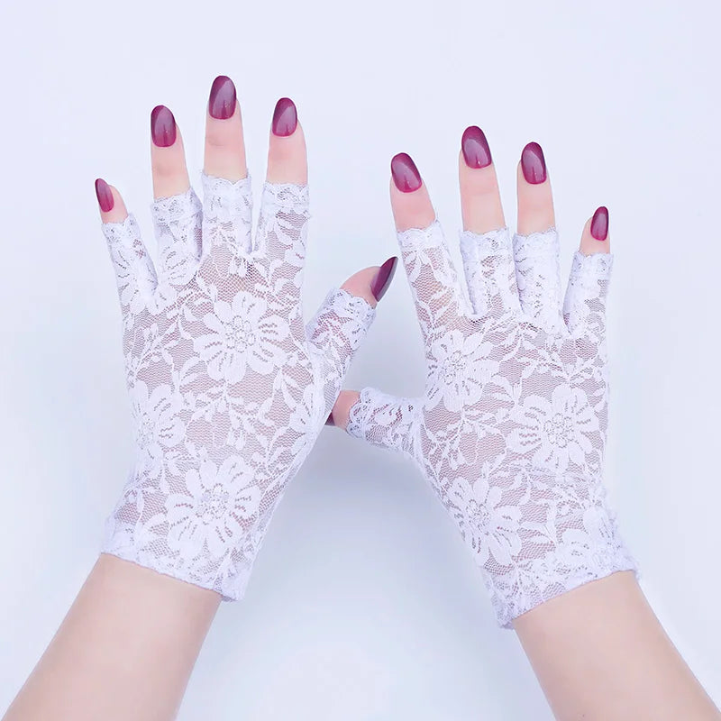 Women's Short Floral Lace Half Finger Sun Protection Gloves