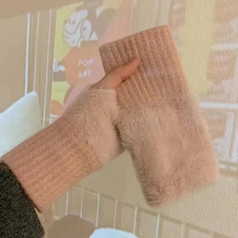 Women's Soft Plush Knitted Half Finger Winter Gloves