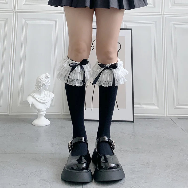 Women's Fashion Cute Lace Bow Knot Knee High Socks
