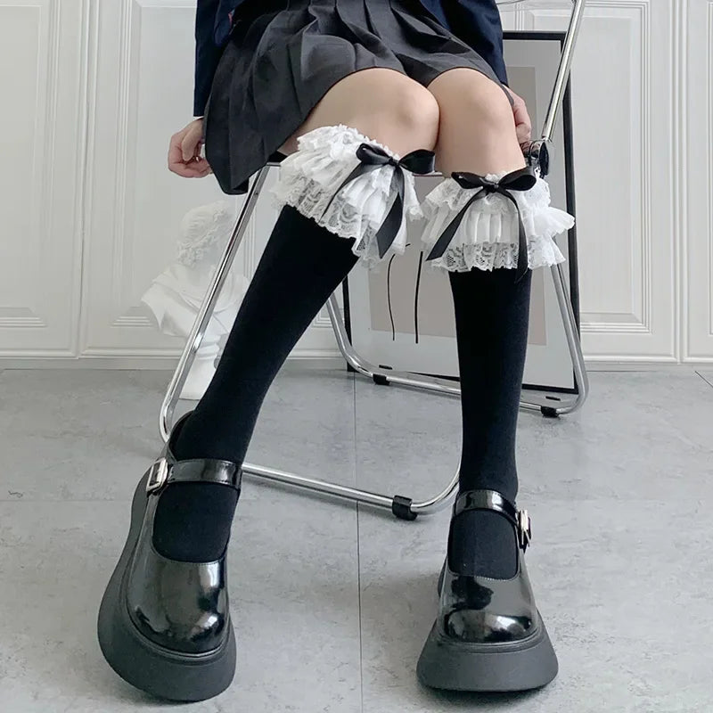 Women's Fashion Cute Lace Bow Knot Knee High Socks
