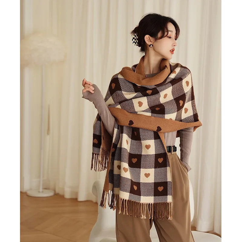 Women's Winter Thick Heart Plaid Blanket Shawl Scarf