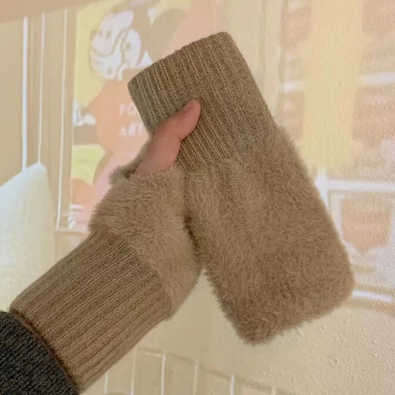 Women's Soft Plush Knitted Half Finger Winter Gloves