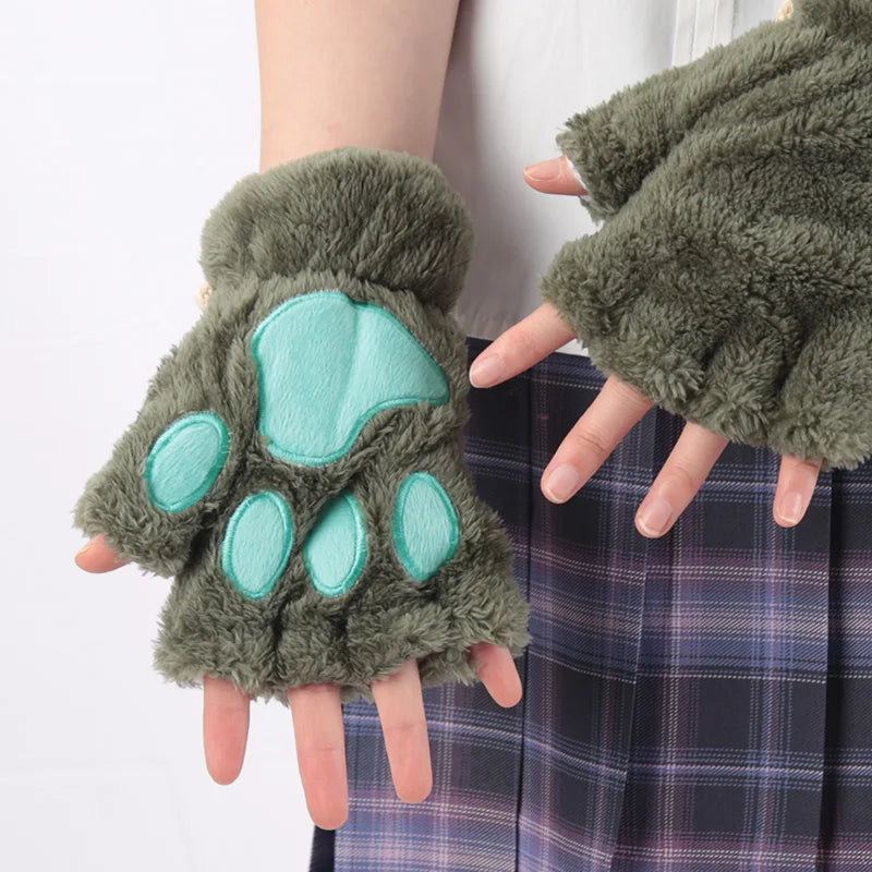 Women's Cartoon Cat Claw Plush Fingerless Winter Mittens
