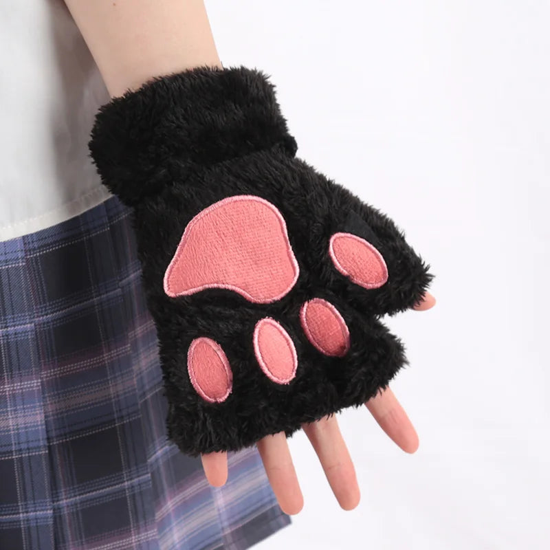 Women's Cartoon Cat Claw Plush Fingerless Winter Mittens