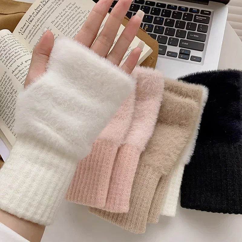 Women's Soft Plush Knitted Half Finger Winter Gloves