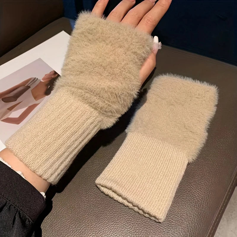Women's Soft Plush Knitted Half Finger Winter Gloves