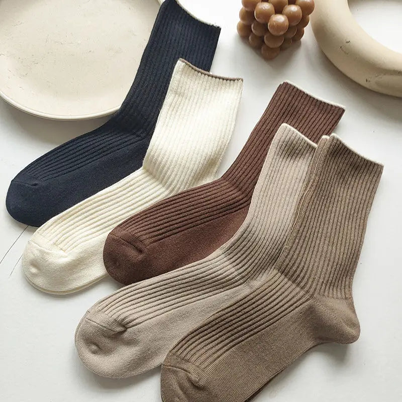 Women's Solid Casual Mid-Calf Cotton Socks 5 Pairs